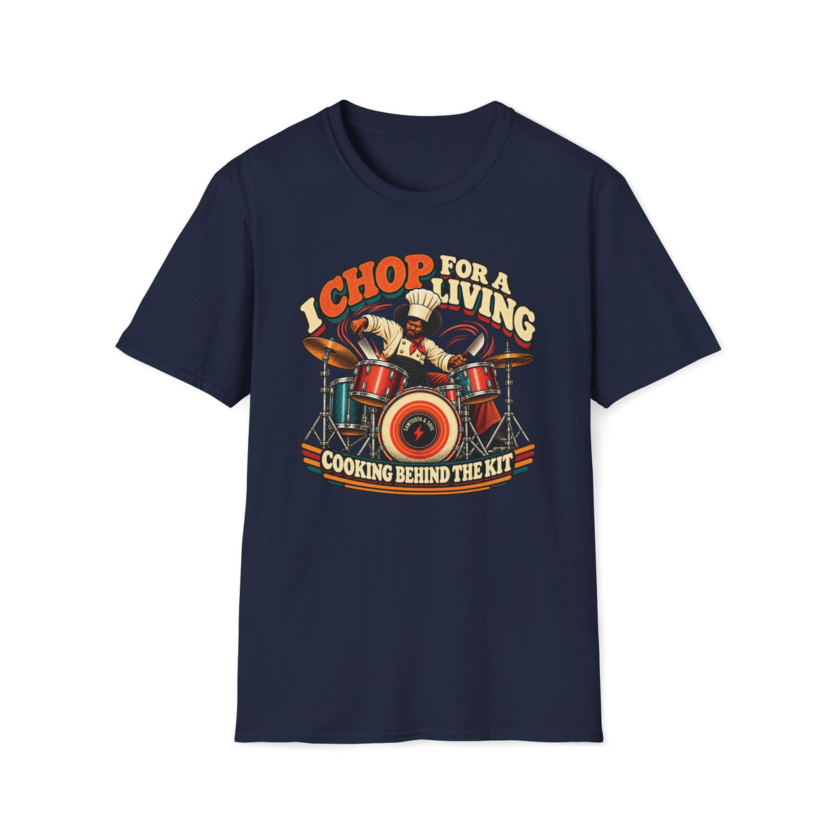 Navy I Chop for a Living T-shirt with a drummer in chef whites using kitchen knives as sticks.