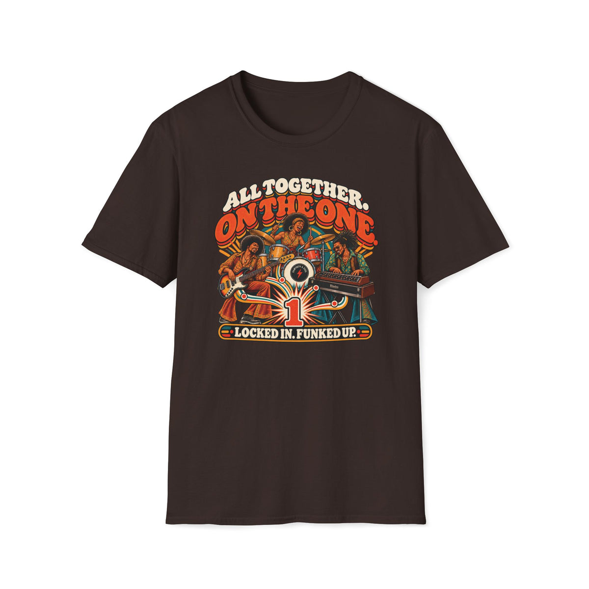 Dark brown All Together on the One T-shirt with a bassist, drummer, and synth player above a large one.