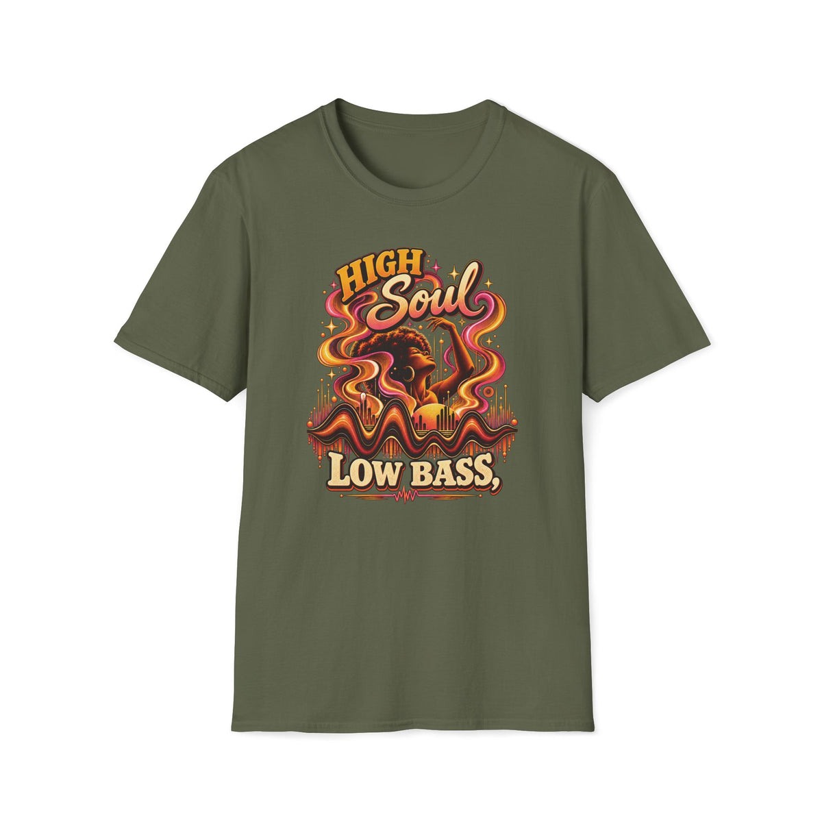 Military green High Soul Low Bass T-shirt with a woman with a raised arm and colorful flowing ribbons.