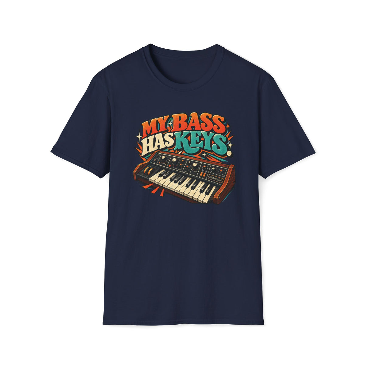 Navy My Bass Has Keys T-shirt with a wood-sided synthesizer with cream keys and teal accents.