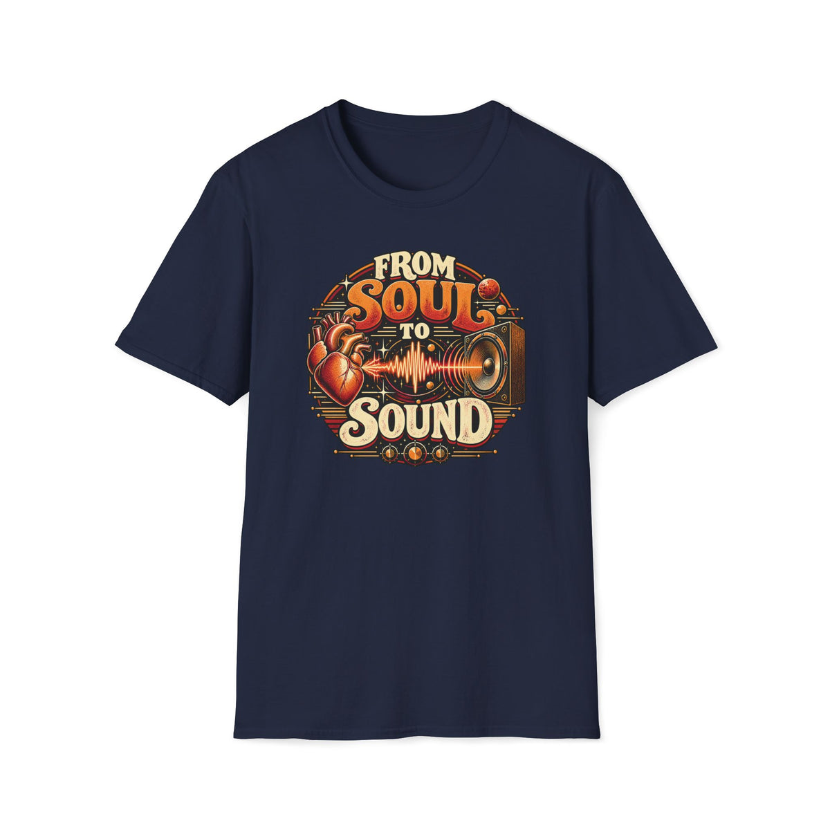 Navy From Soul to Sound T-shirt with a heart linked by a waveform to a vintage speaker.
