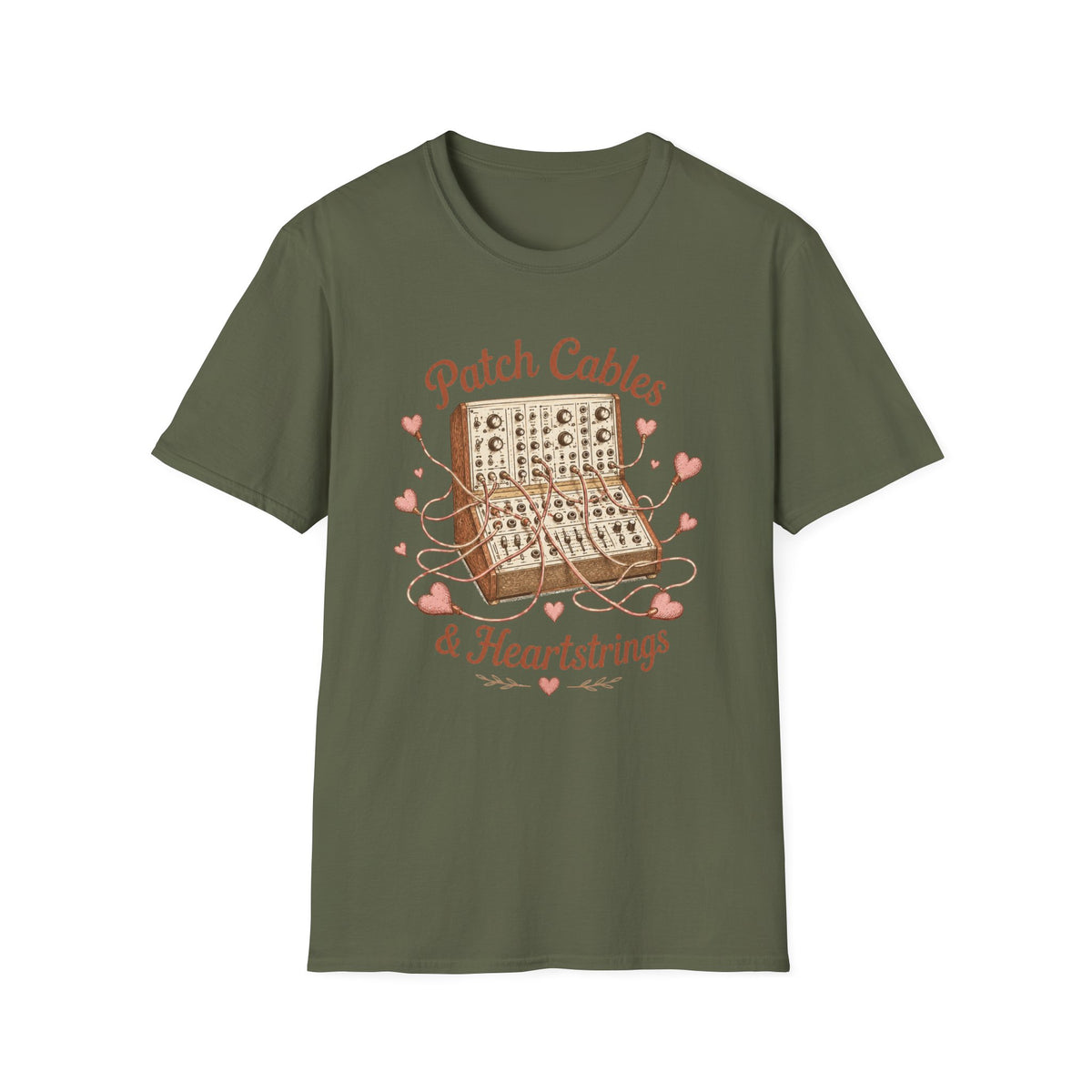 Military green Patch Cables & Heartstrings T-shirt with a modular synthesizer wrapped in heart-shaped cables.
