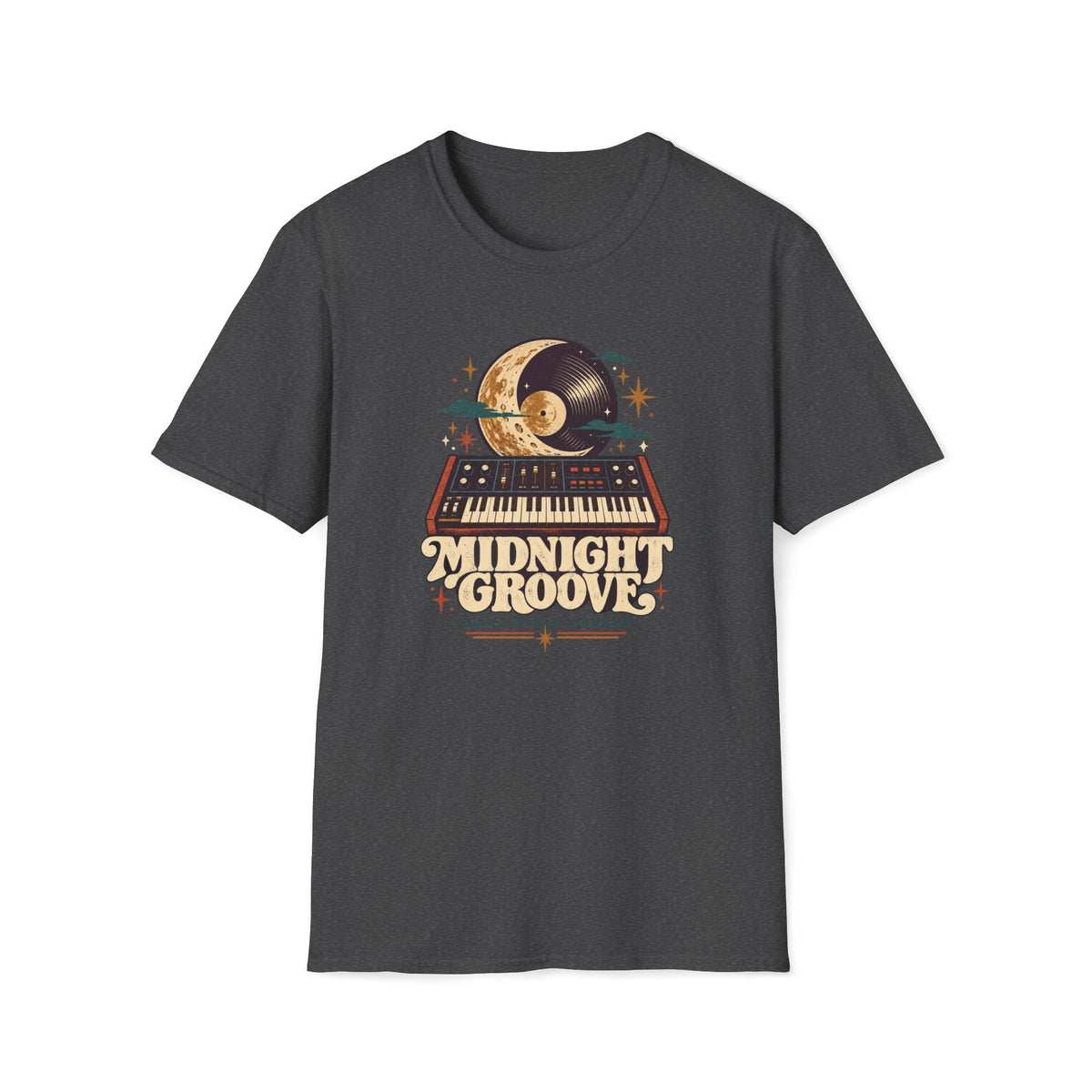Dark heather gray Midnight Groove T-shirt with a synthesizer below a crescent moon and vinyl record.