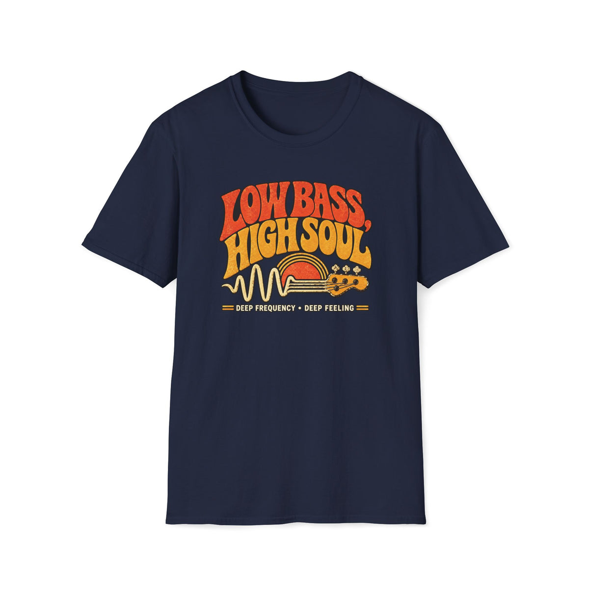 Navy Low Bass High Soul T-shirt with a bass headstock, waveform, and retro sunset.
