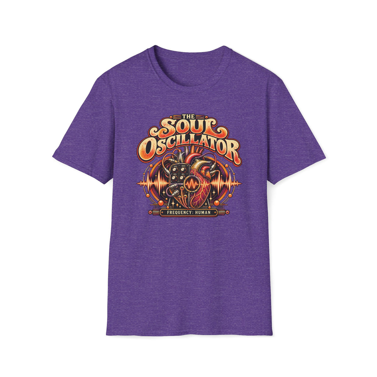 Heather purple The Soul Oscillator T-shirt with a heart-shaped analog oscillator and control knobs.