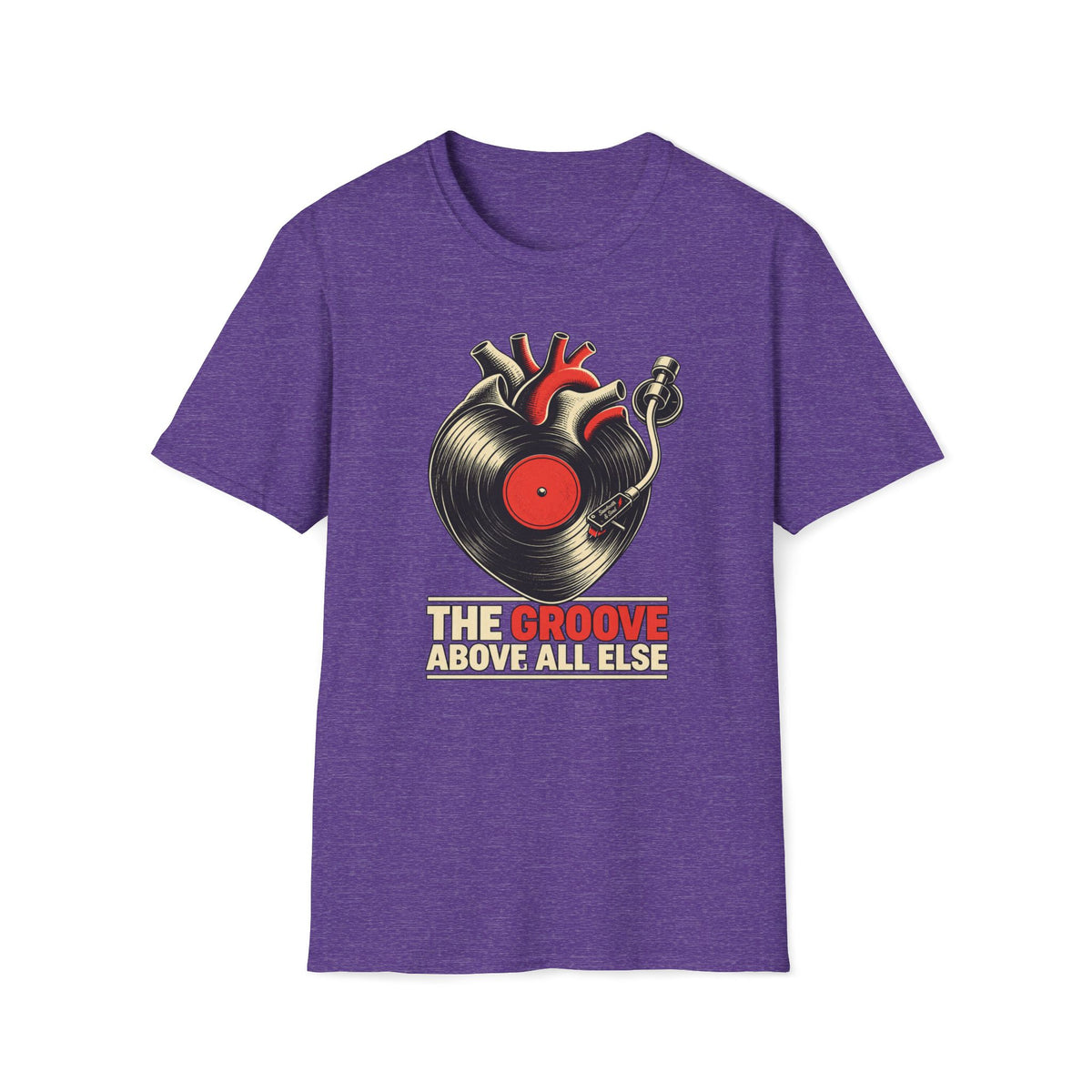 Heather purple The Groove Above All Else T-shirt with an anatomical heart merged with a vinyl record and tonearm.