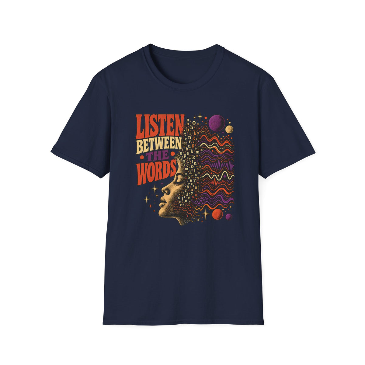Navy Listen Between the Words T-shirt with a profile, scattered letters, and colorful waveforms.