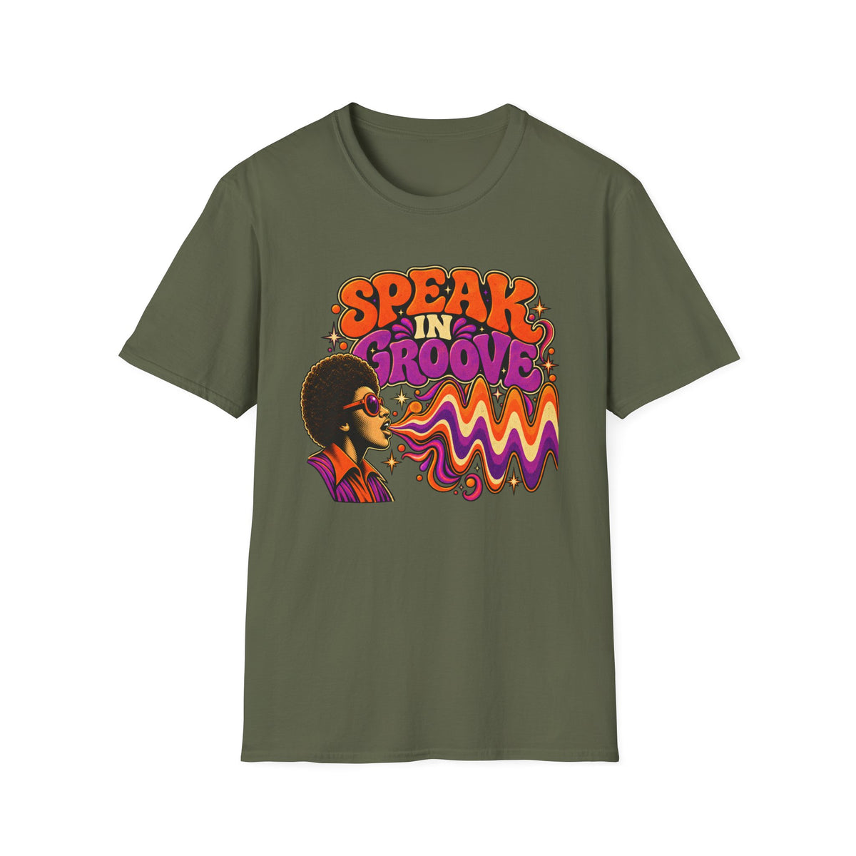 Military green Speak in Groove T-shirt with a sunglasses portrait and colorful sound waves.