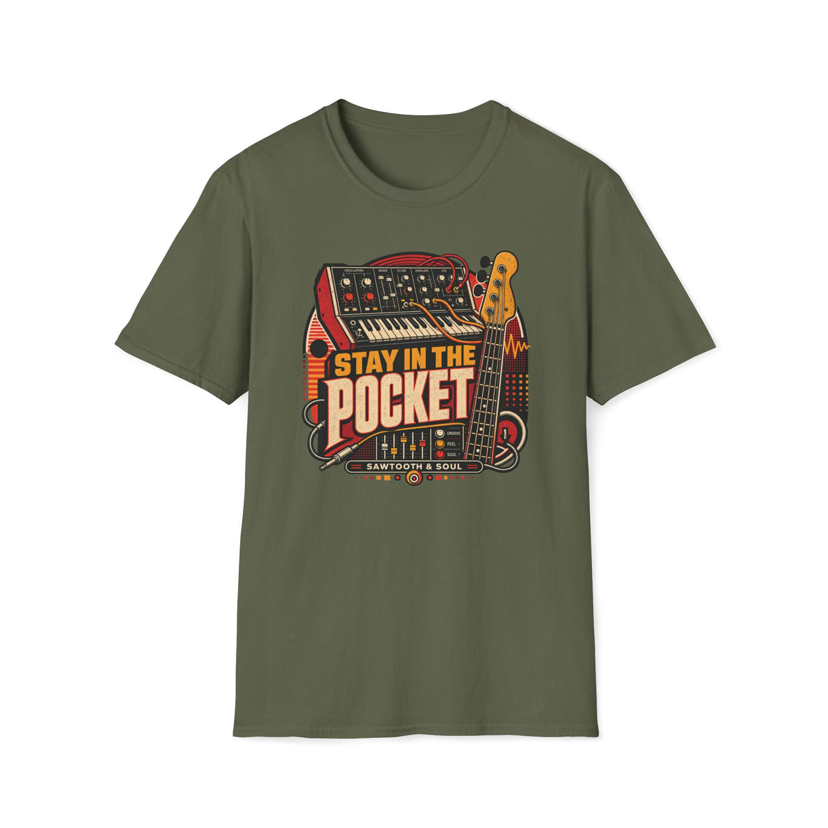 Military green Stay in the Pocket T-shirt with a synthesizer, bass guitar, patch cables, and waveforms.