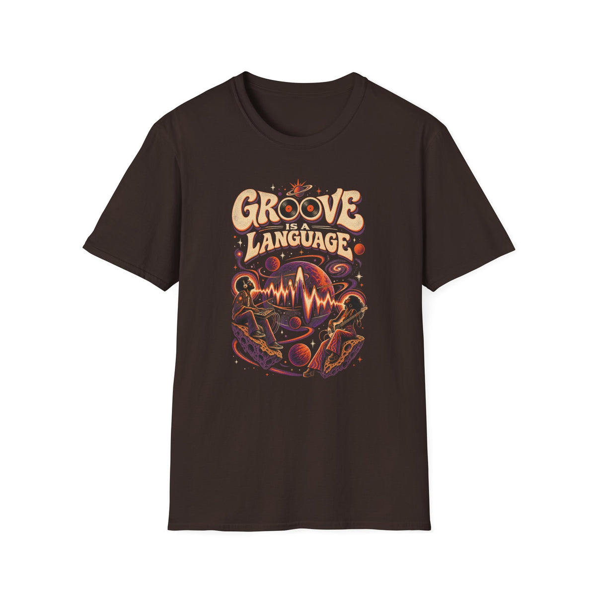Dark brown Groove Is a Language T-shirt with two musicians in a cosmic jam with planets and waves.
