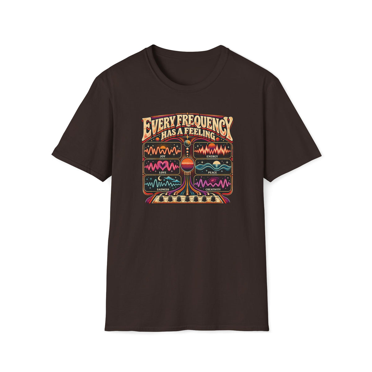 Dark brown Every Frequency Has a Feeling T-shirt with six colorful emotion waveforms above analog controls.