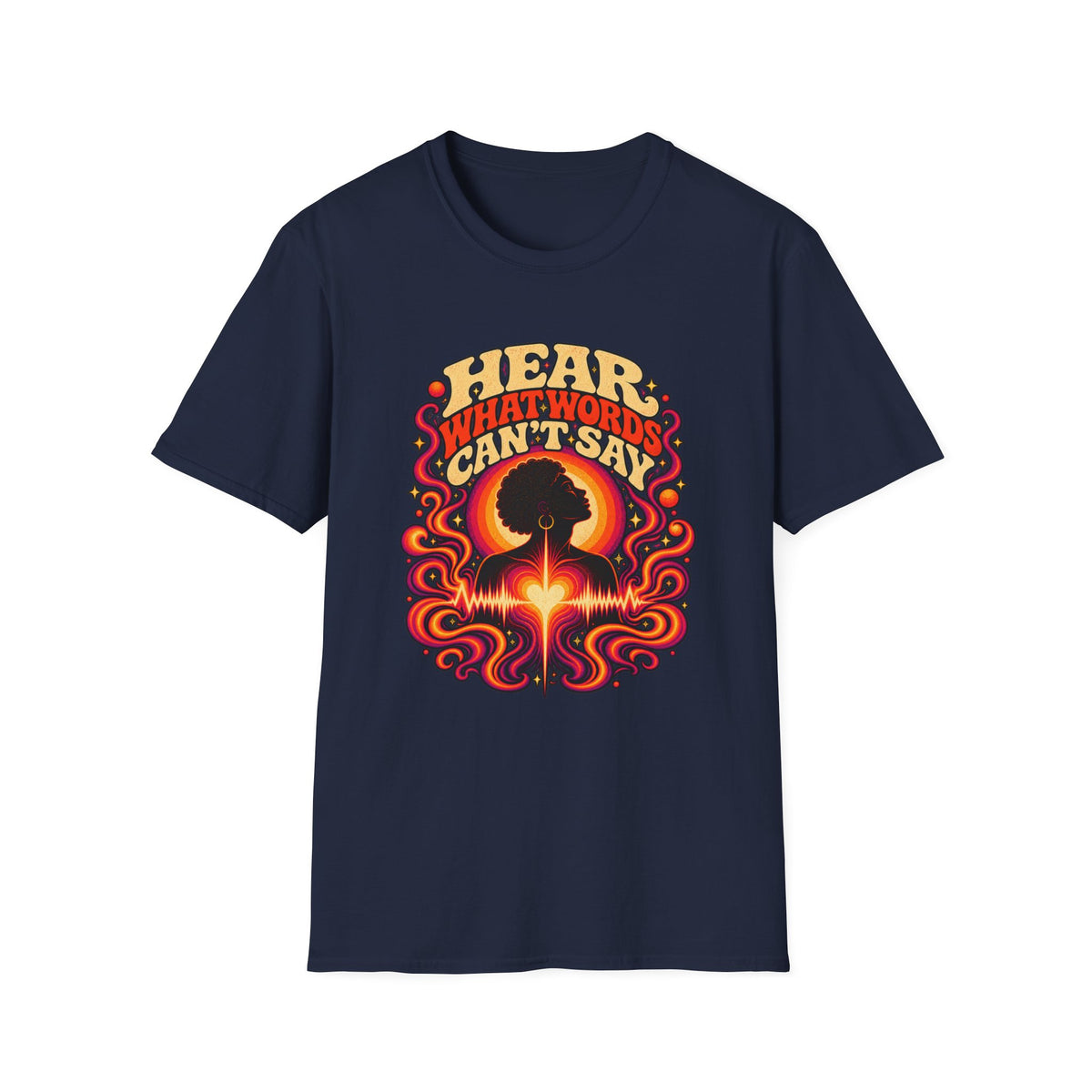 Navy Hear What Words Can’t Say T-shirt with an Afro profile, glowing heart, and flowing ribbons.