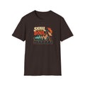 Dark brown Signal With Soul T-shirt with a portrait blended with teal waves and synth controls.