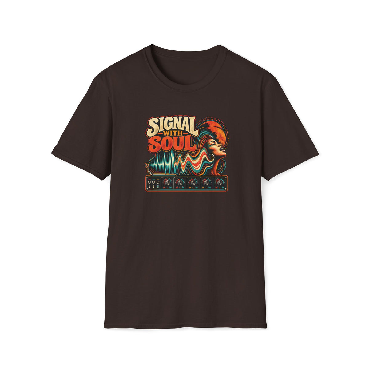 Dark brown Signal With Soul T-shirt with a portrait blended with teal waves and synth controls.