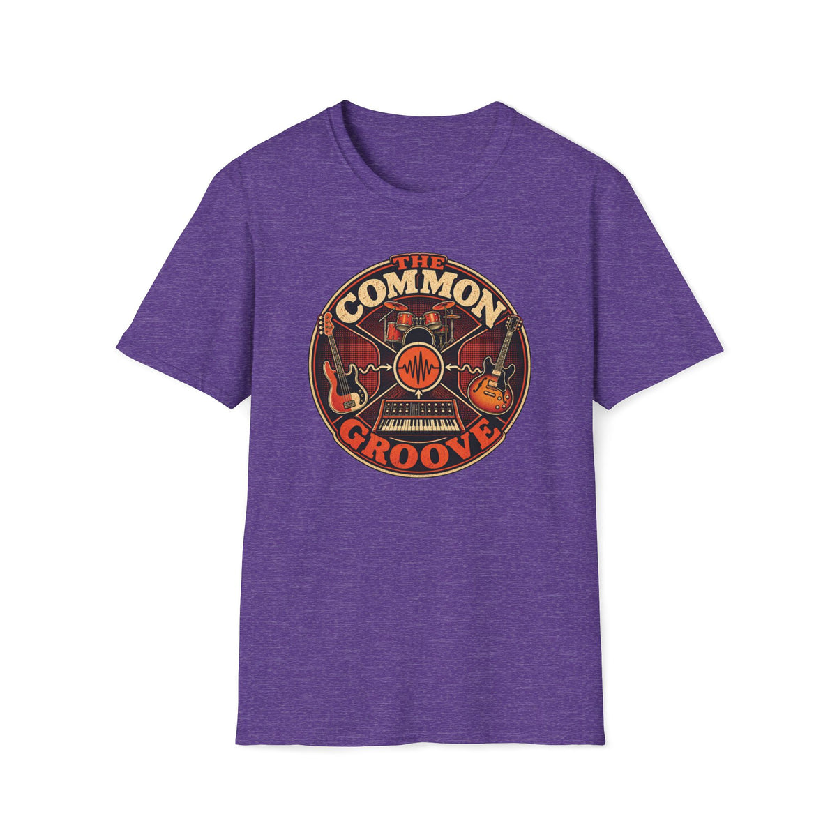 Heather purple The Common Groove T-shirt with bass, guitar, drums, and synthesizer around a waveform.