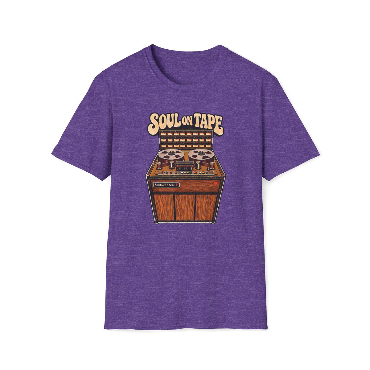 “Soul on Tape” T-shirt featuring a vintage multitrack tape machine with twin reels, a meter bank, woodgrain cabinet, and a small red heart.