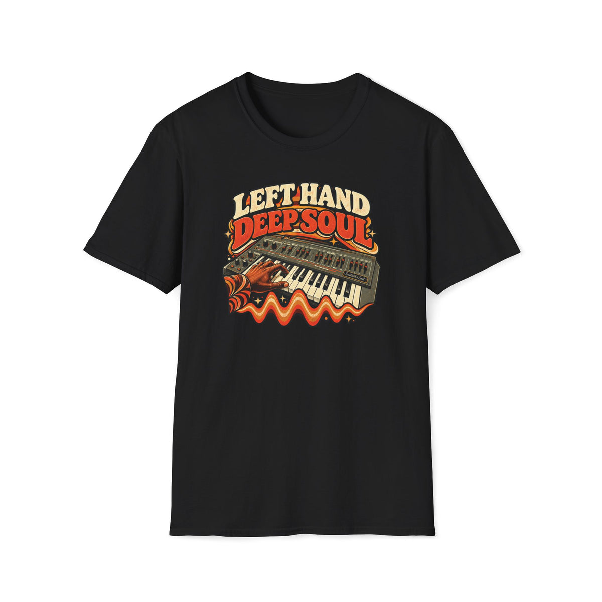 Black Left Hand Deep Soul T-shirt with a hand playing synthesizer keys above a bass waveform.