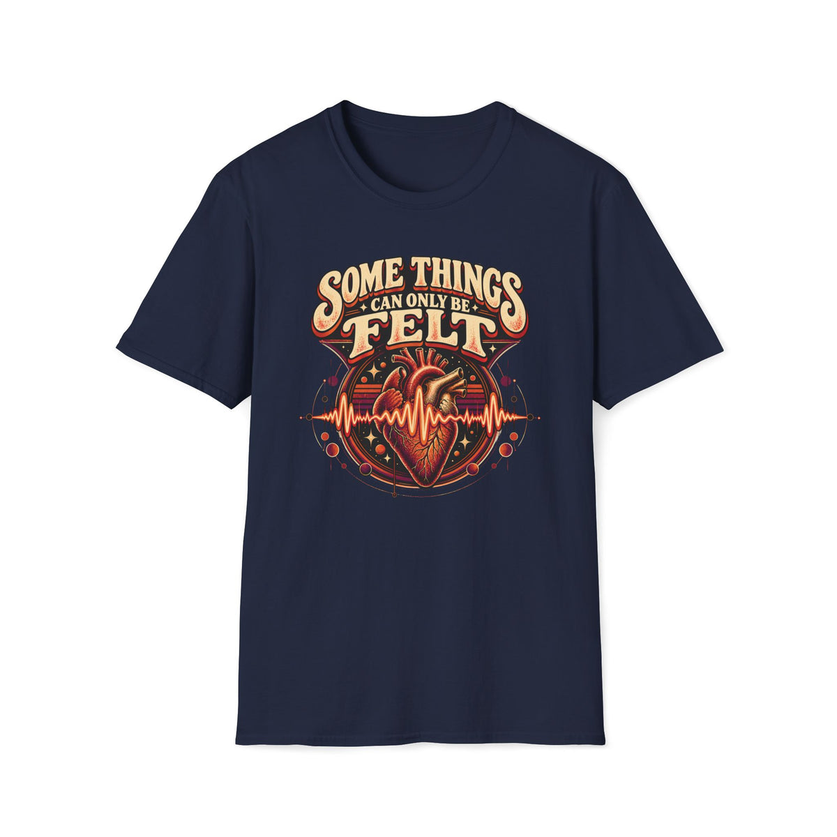 Navy Some Things Can Only Be Felt T-shirt with an anatomical heart crossed by an audio waveform.