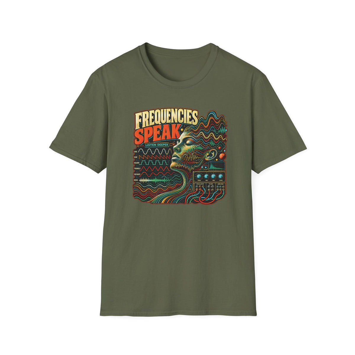 Military green Frequencies Speak T-shirt with a profile formed by waves above synthesizer controls.