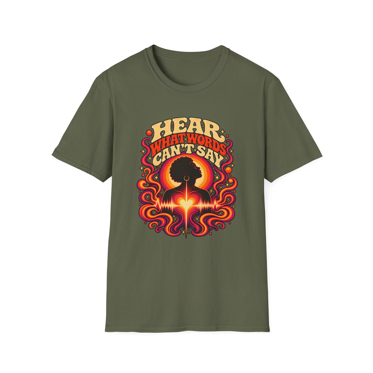 Military green Hear What Words Can’t Say T-shirt with an Afro profile, glowing heart, and flowing ribbons.