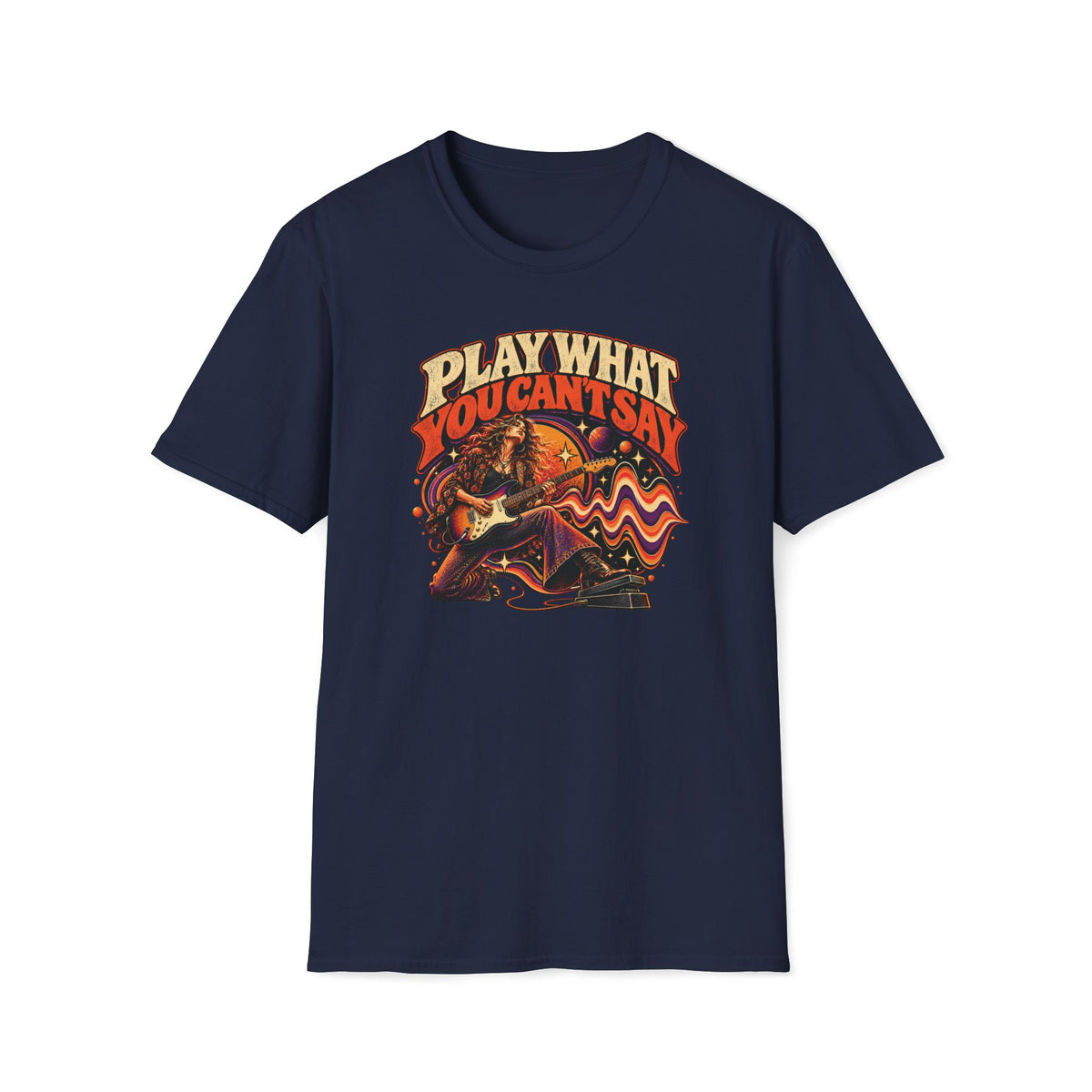 Navy Play What You Can't Say T-shirt with a woman guitarist using a wah pedal amid sound waves.