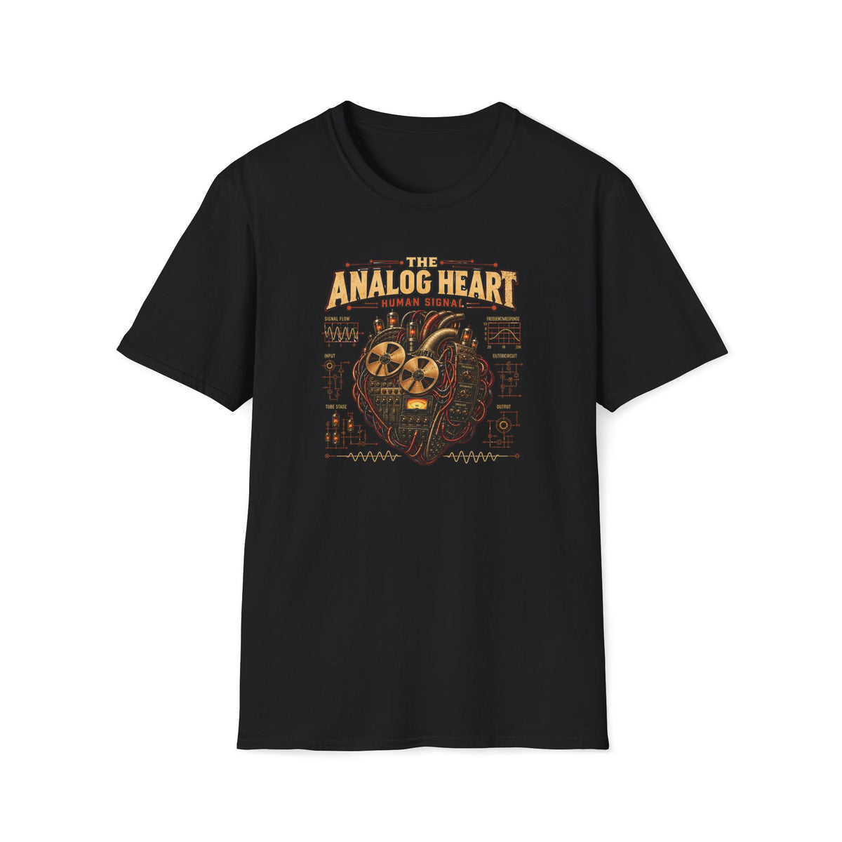 Black The Analog Heart T-shirt with a mechanical heart built from tape reels and tubes.
