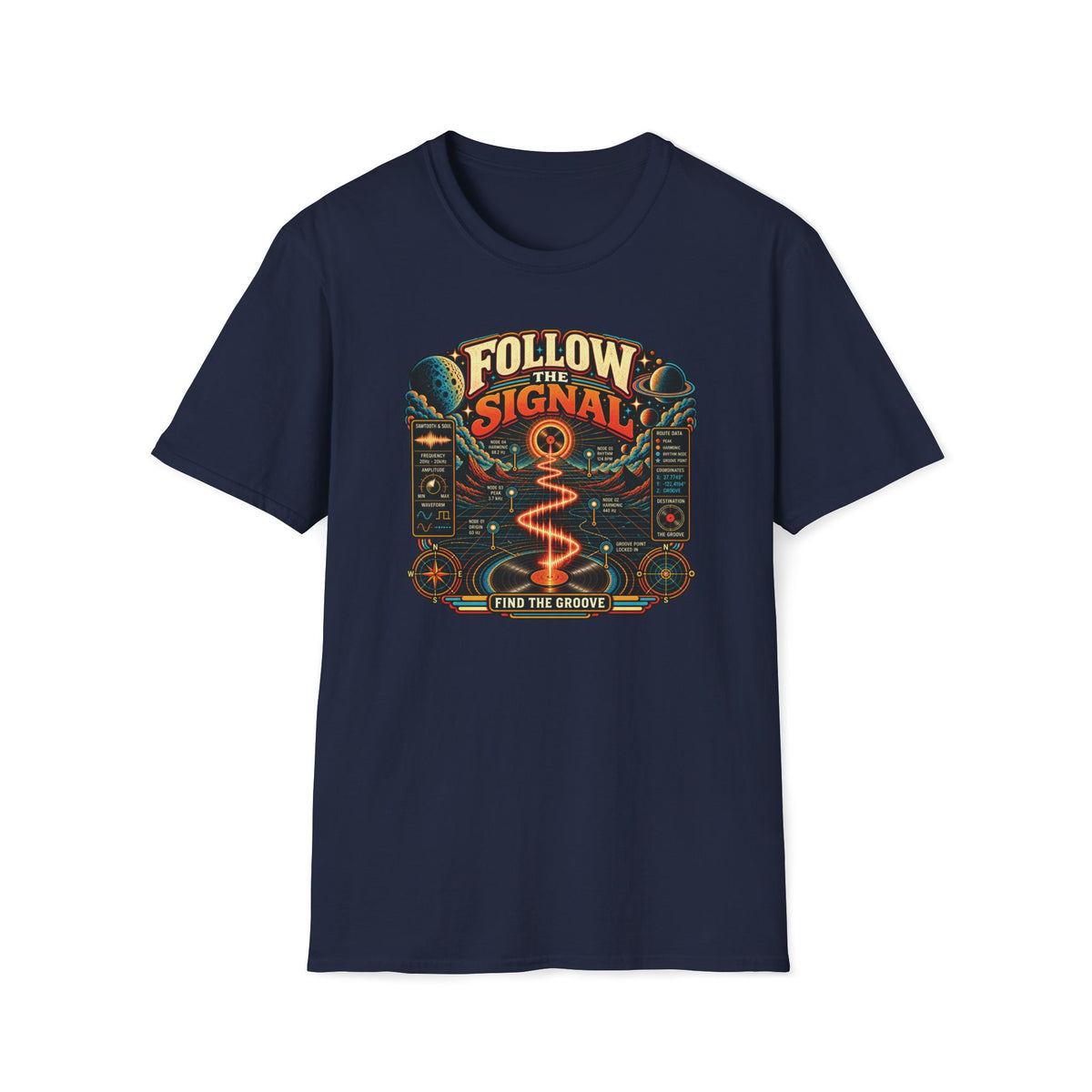 Navy Follow the Signal T-shirt with an orange waveform leading through space toward a record.