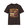 Dark brown It’s All for the Funk of It T-shirt with a bass guitarist, synthesizer, and orbiting planets.