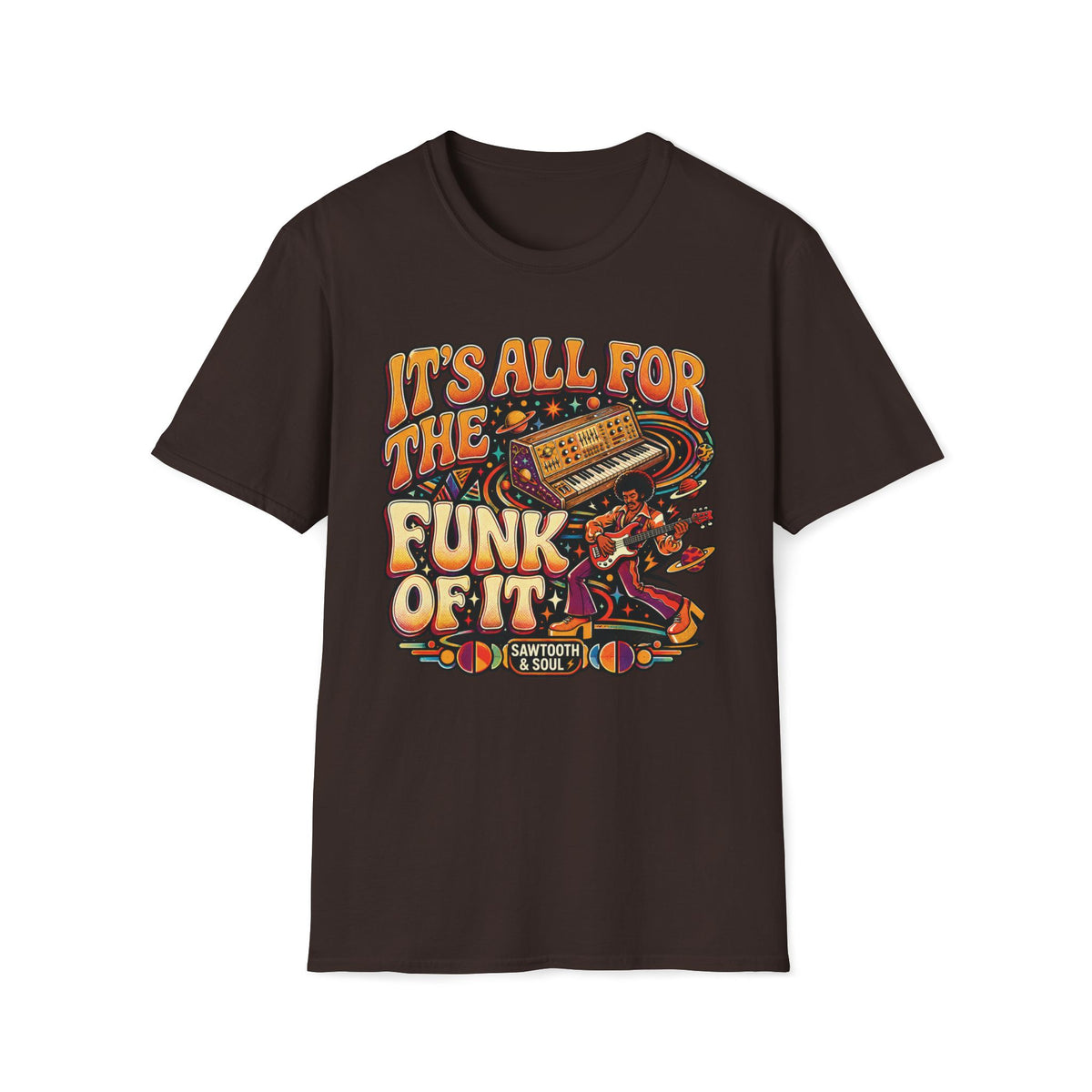 Dark brown It’s All for the Funk of It T-shirt with a bass guitarist, synthesizer, and orbiting planets.