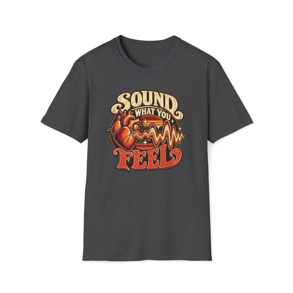 Dark heather gray Sound What You Feel T-shirt with a heart transforming into a musical waveform.