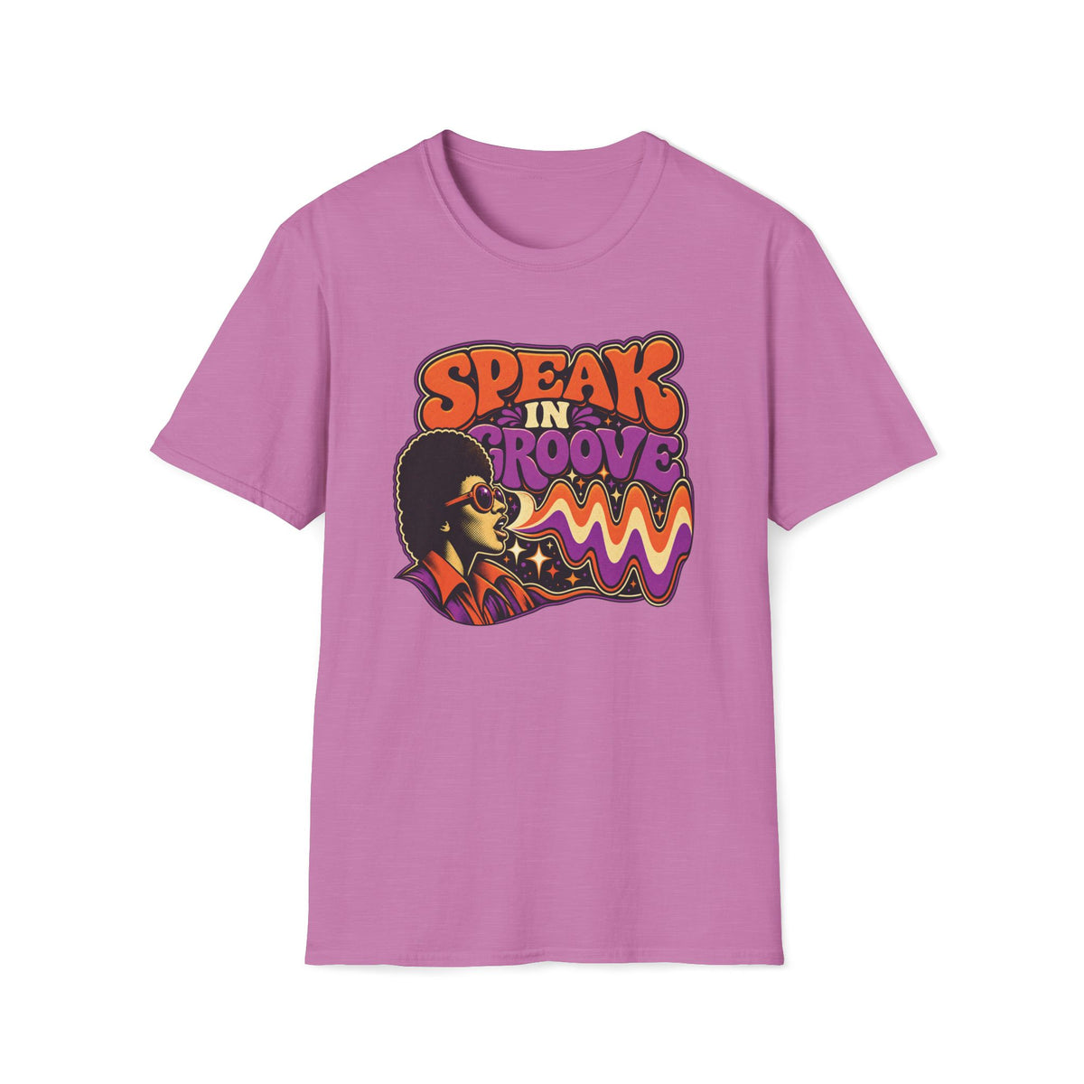 Heather radiant orchid Speak in Groove T-shirt with a round-sunglasses portrait with orange and purple waves.