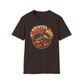 Dark brown Synths, Groove & Soul T-shirt with a synthesizer, vinyl record, and glowing waveform.
