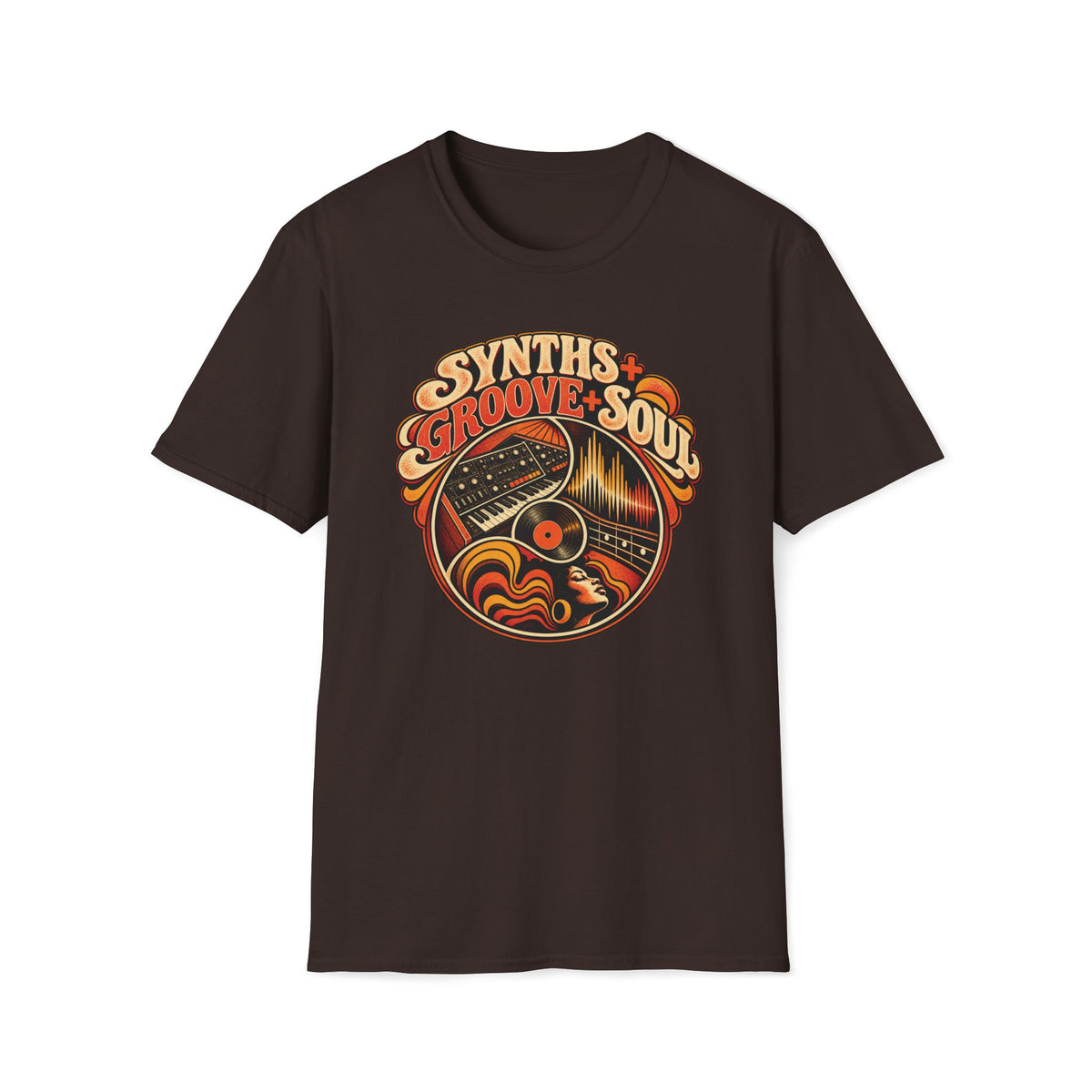 Dark brown Synths, Groove & Soul T-shirt with a synthesizer, vinyl record, and glowing waveform.