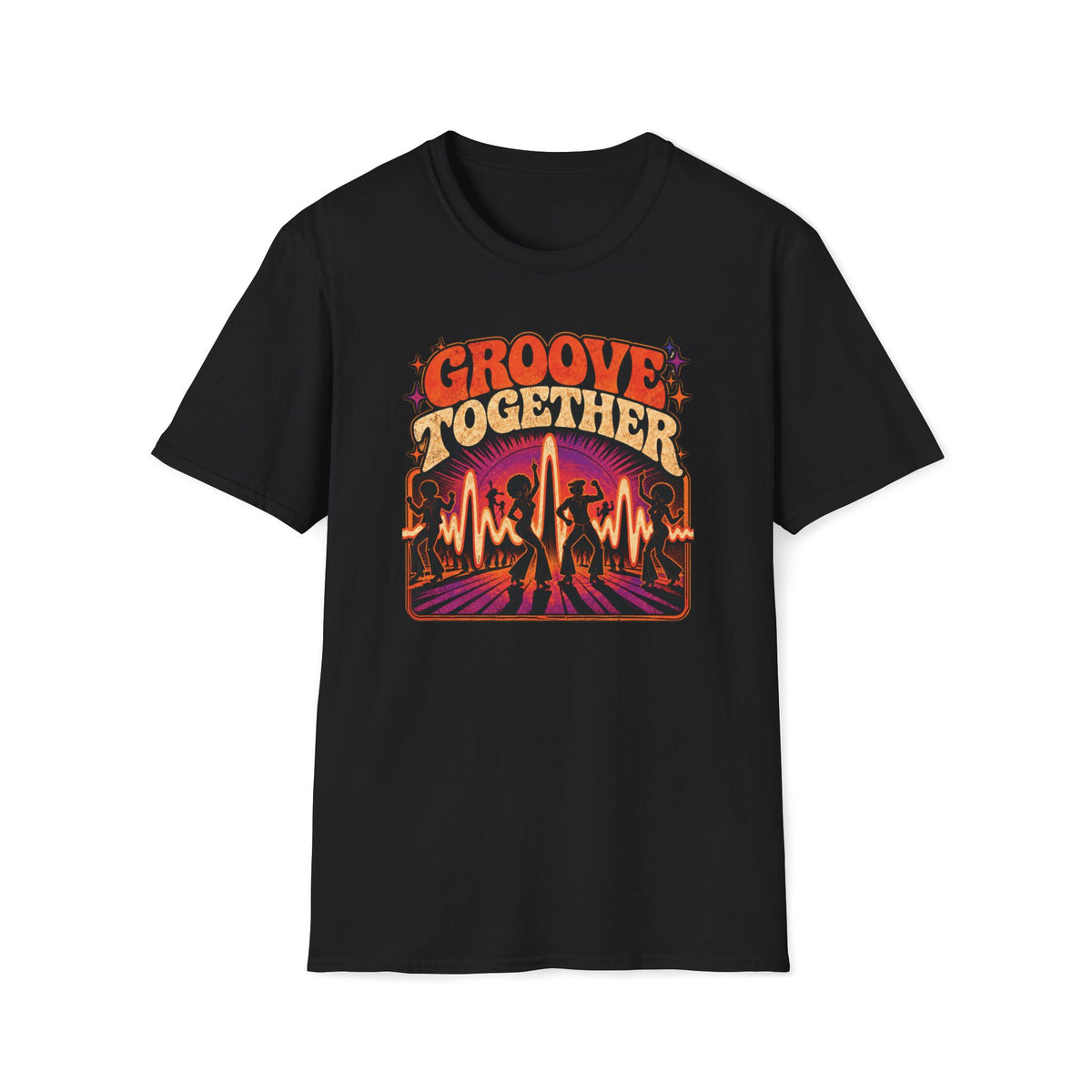 Black Groove Together T-shirt with dancers, a glowing waveform, and a radiating dance floor.