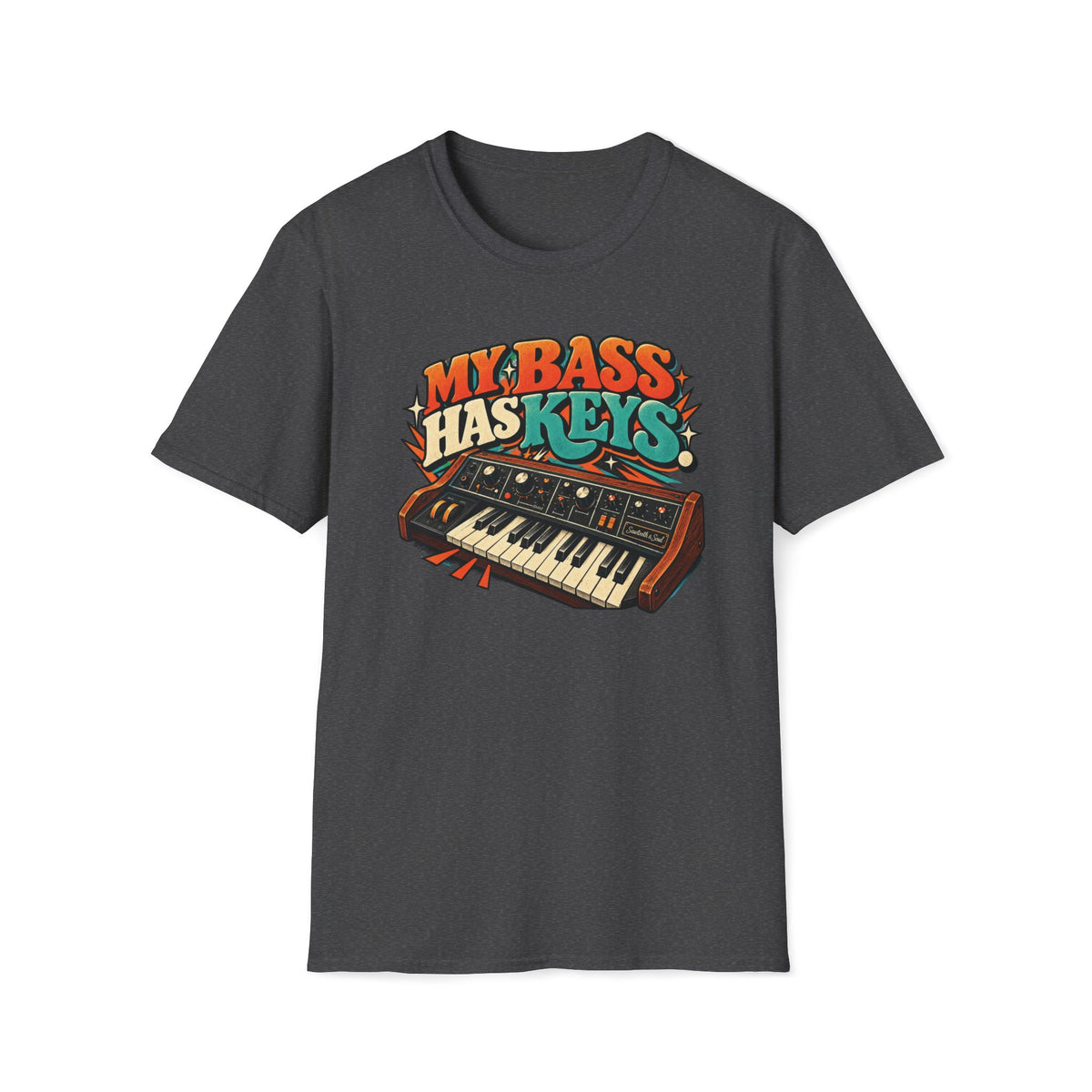 Dark heather gray My Bass Has Keys T-shirt with a wood-sided synthesizer with cream keys and teal accents.