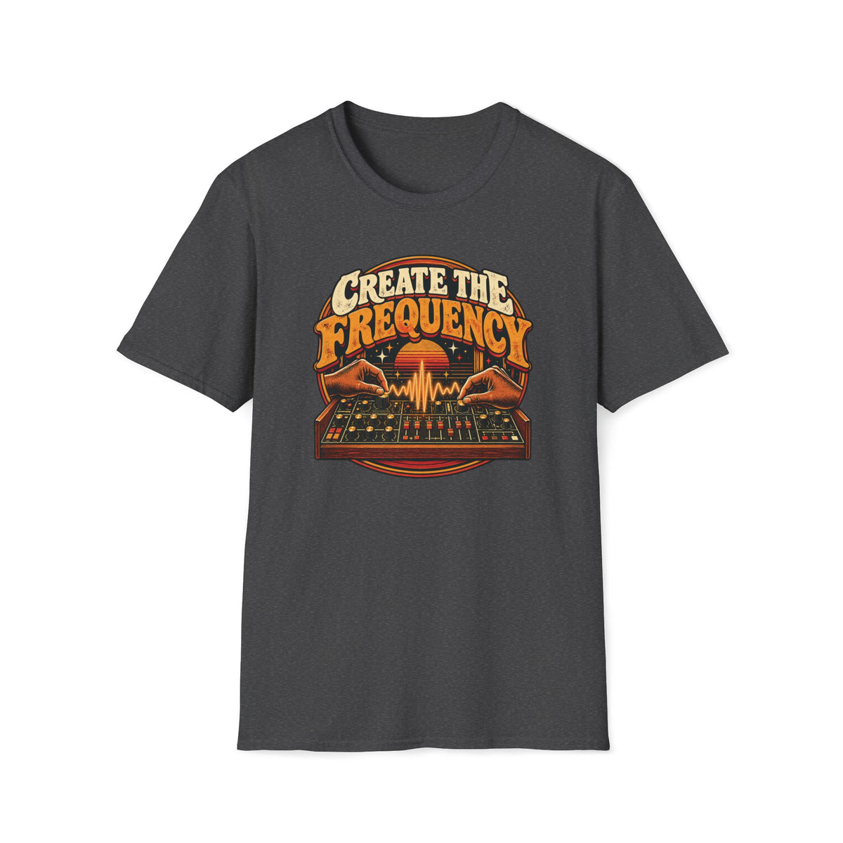 Dark heather gray Create the Frequency T-shirt with hands shaping a waveform above a synthesizer.