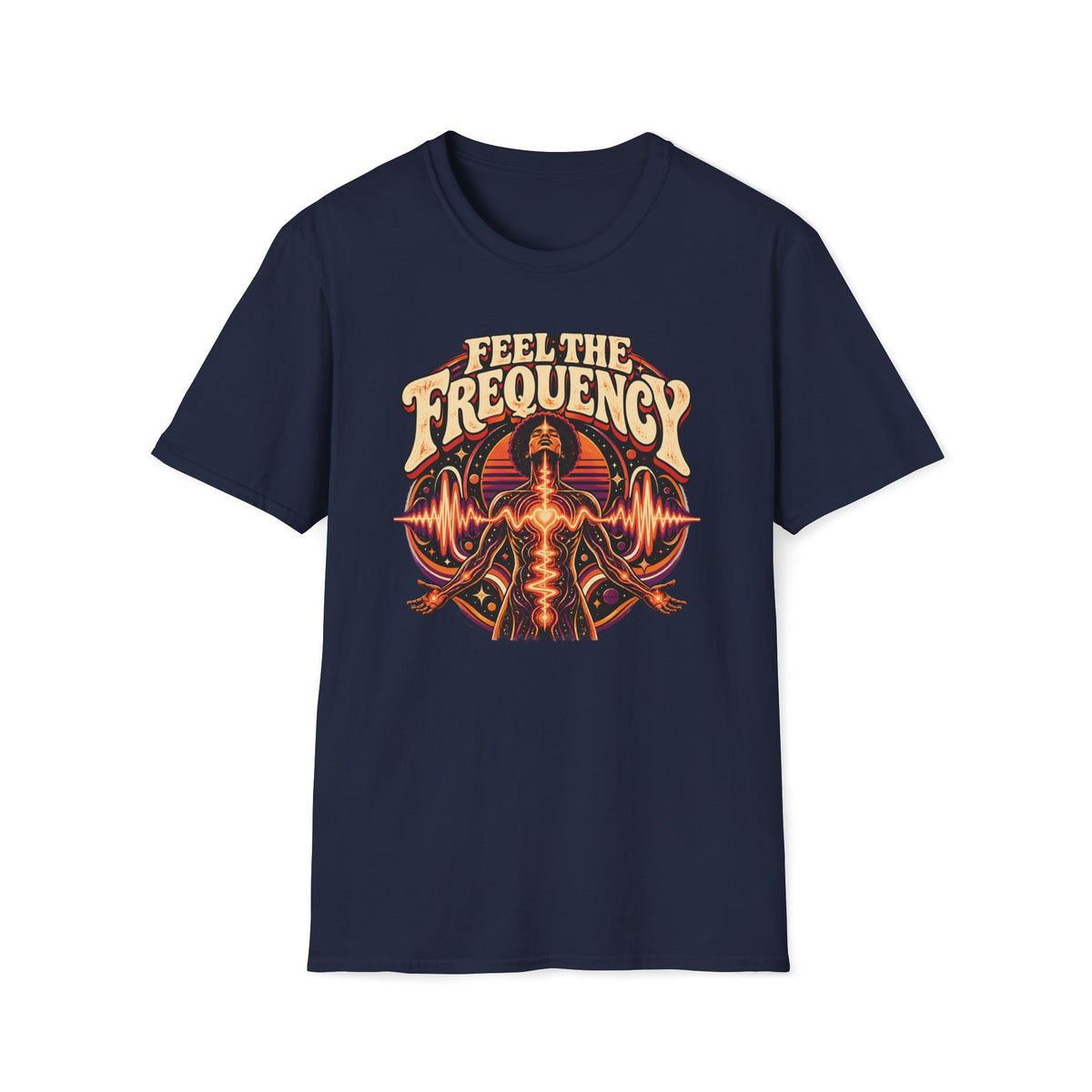 Navy Feel the Frequency T-shirt with a human figure within layered waves and frequency rings.