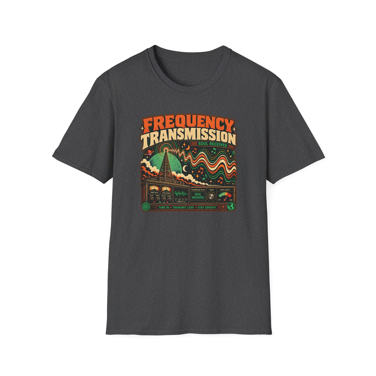 Dark heather gray Frequency Transmission T-shirt with a radio tower, waveforms, and vintage audio controls.