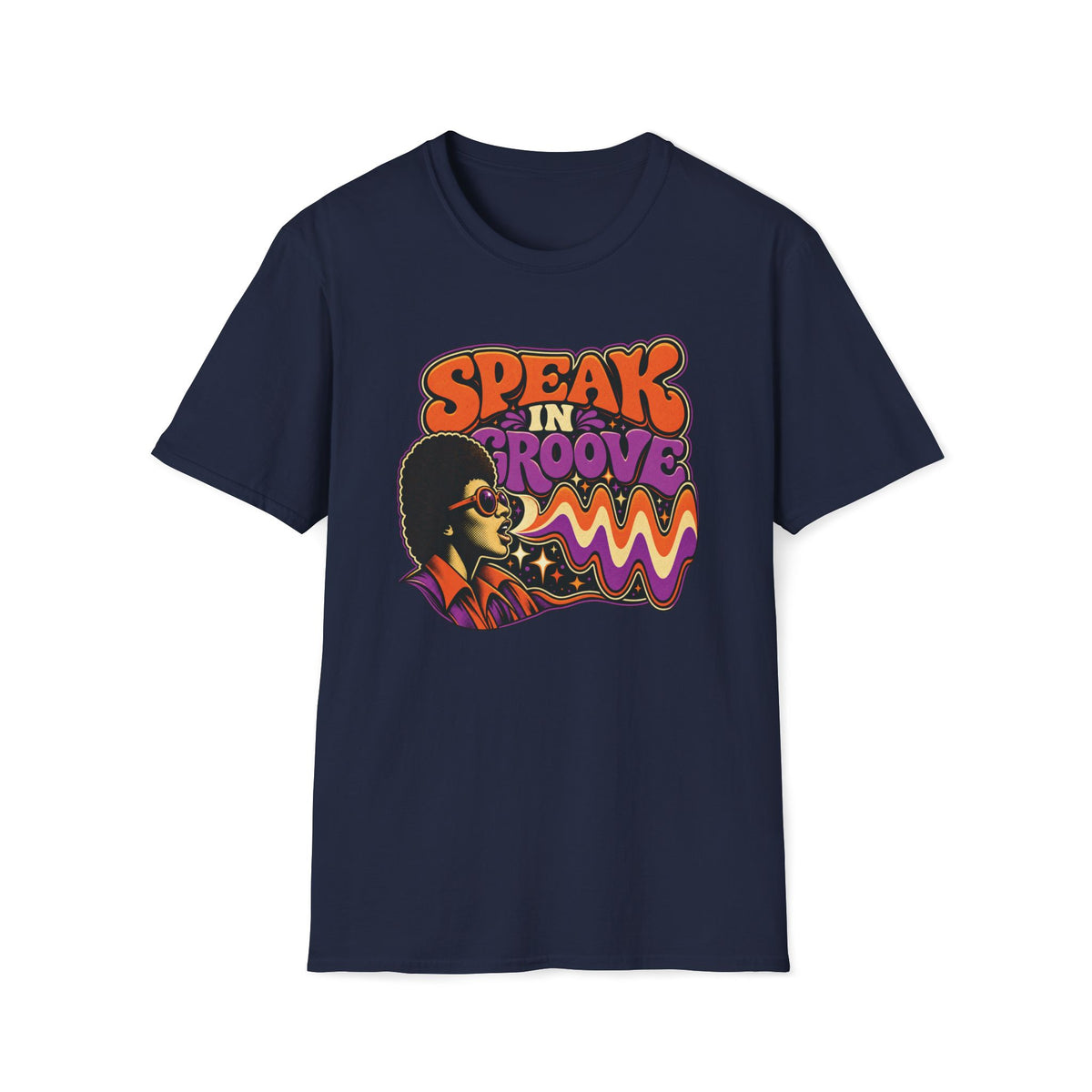 Navy Speak in Groove T-shirt with a round-sunglasses portrait with orange and purple waves.
