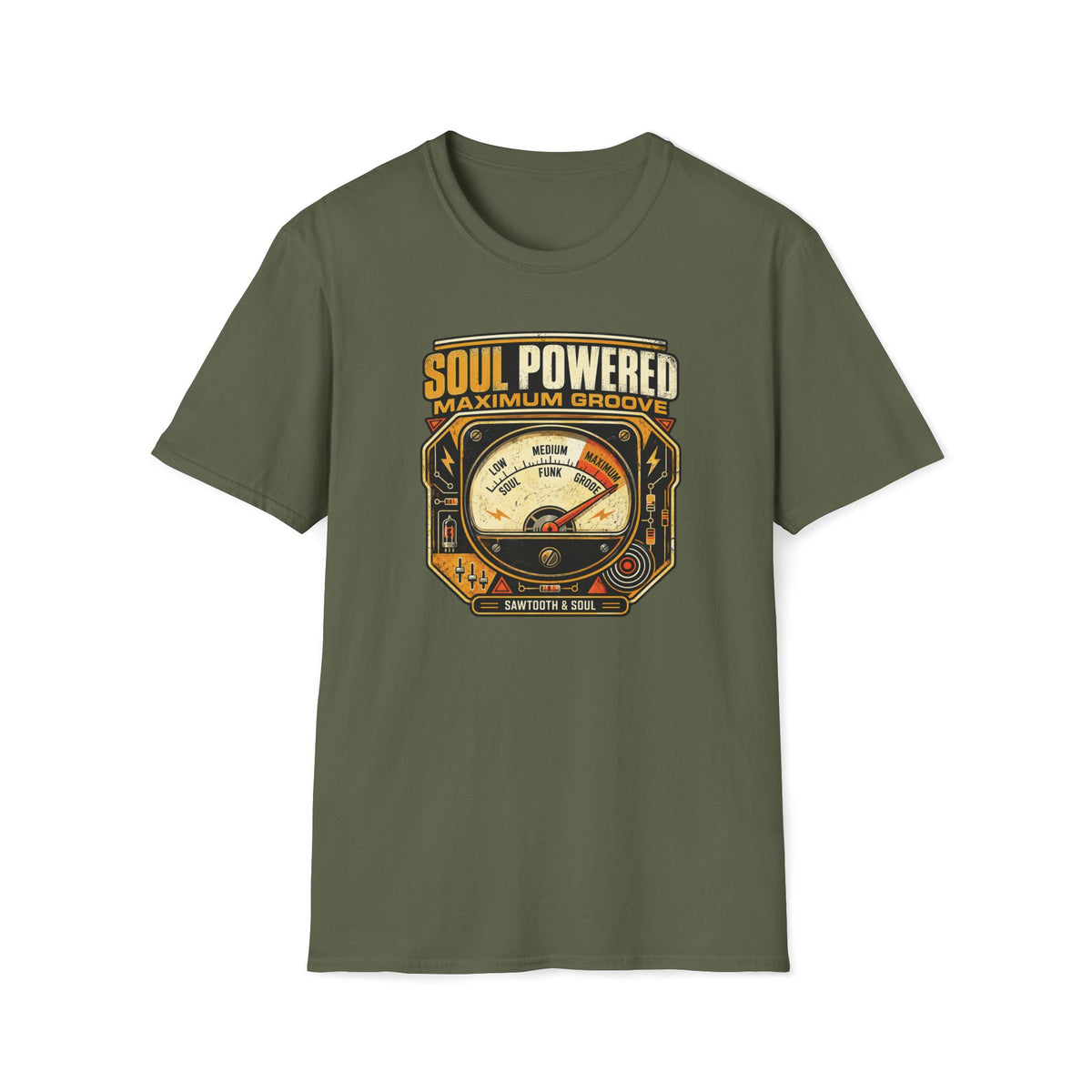 Military green Maximum Groove T-shirt with a vintage meter pushed into the Maximum Groove zone.