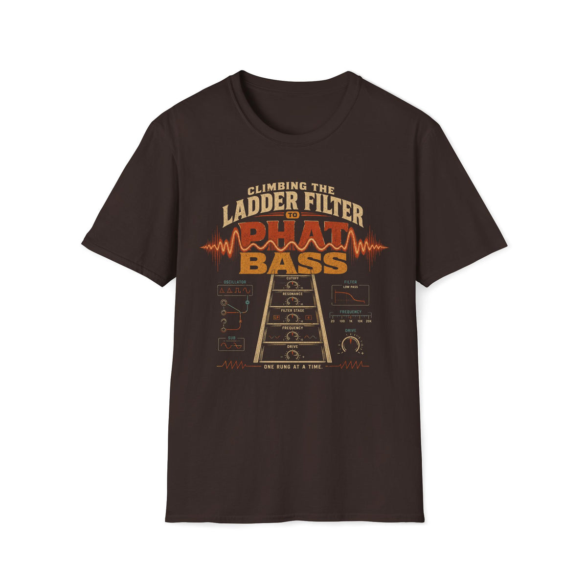 Dark brown Phat Bass T-shirt with a ladder-filter diagram with synth controls.