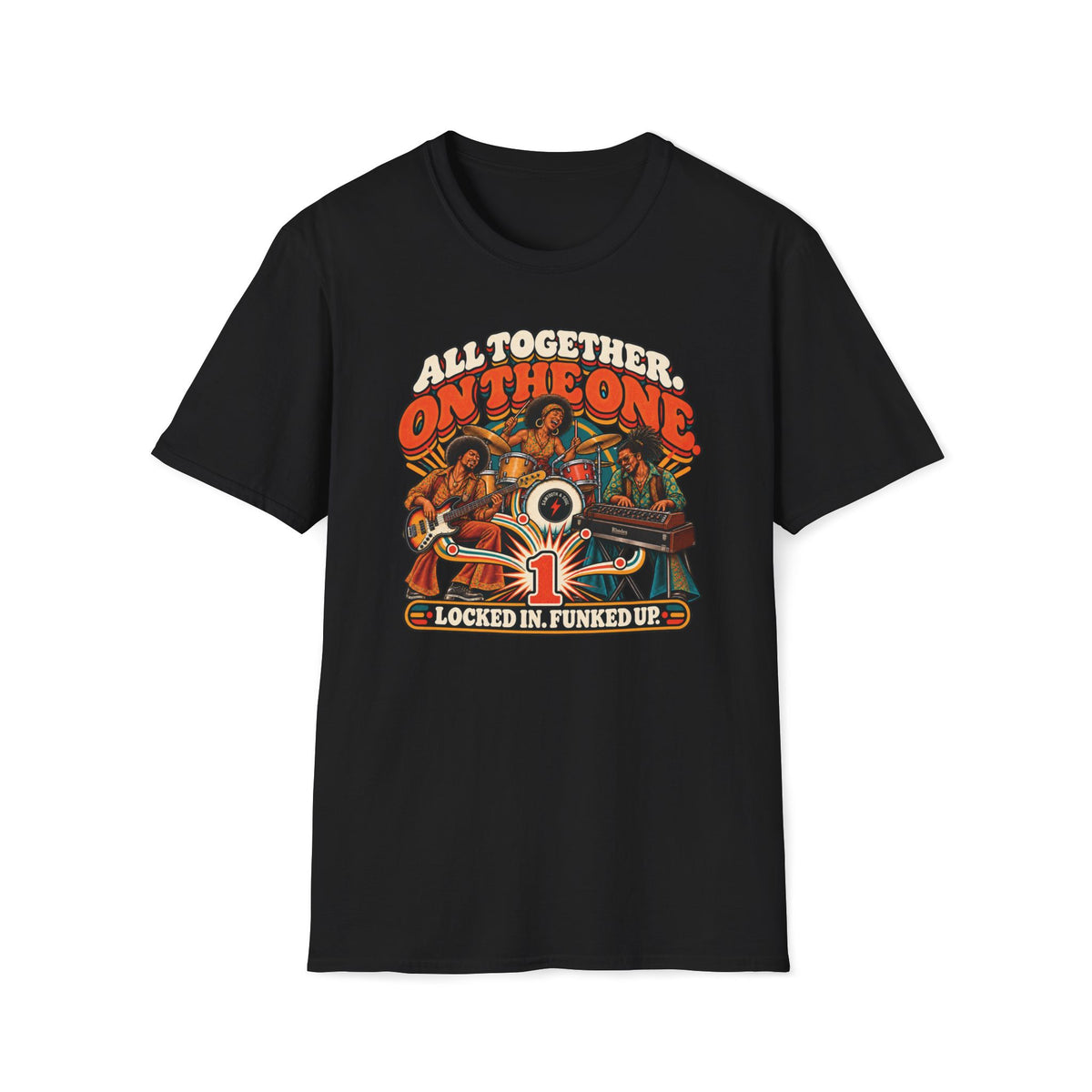 Black All Together on the One T-shirt with a bassist, drummer, and synth player above a large one.