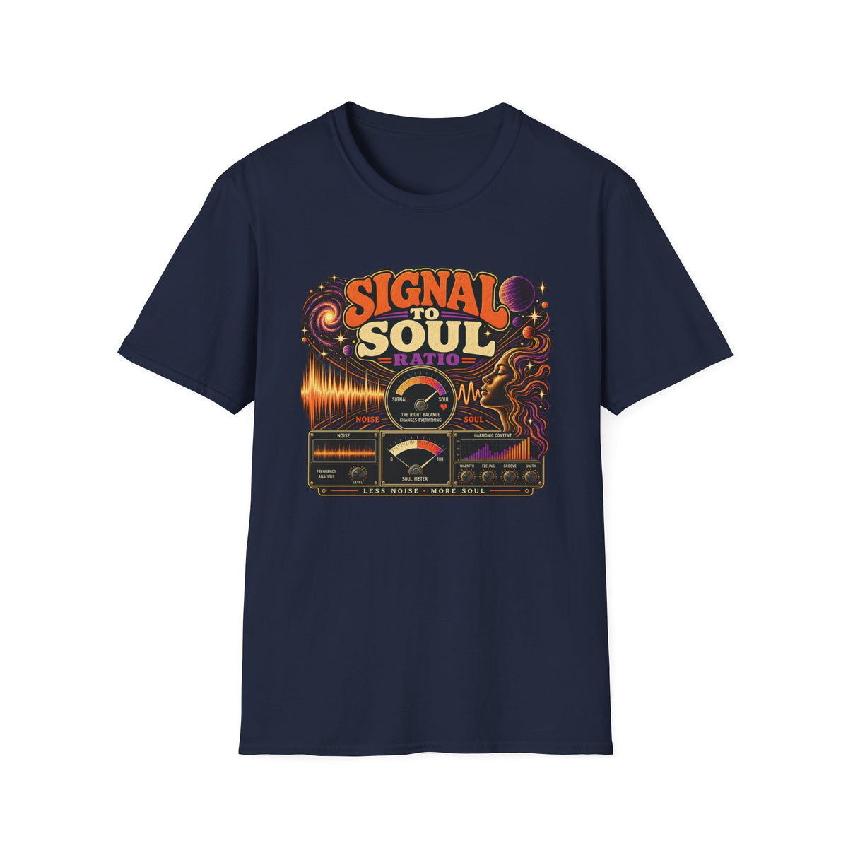 Navy Signal to Soul Ratio T-shirt with vintage meters, a cosmic portrait, and waveforms.