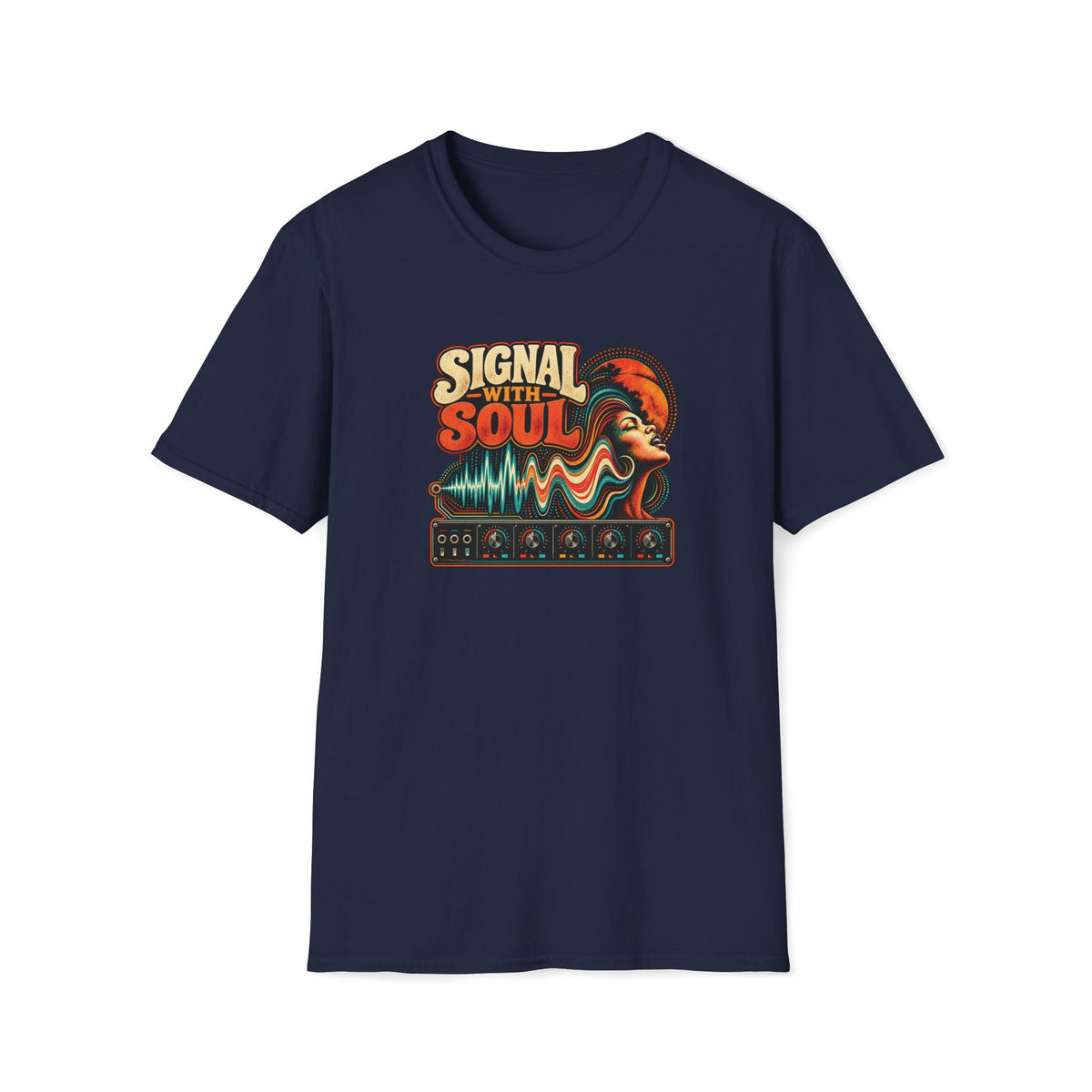 Navy Signal With Soul T-shirt with a portrait blended with teal waves and synth controls.