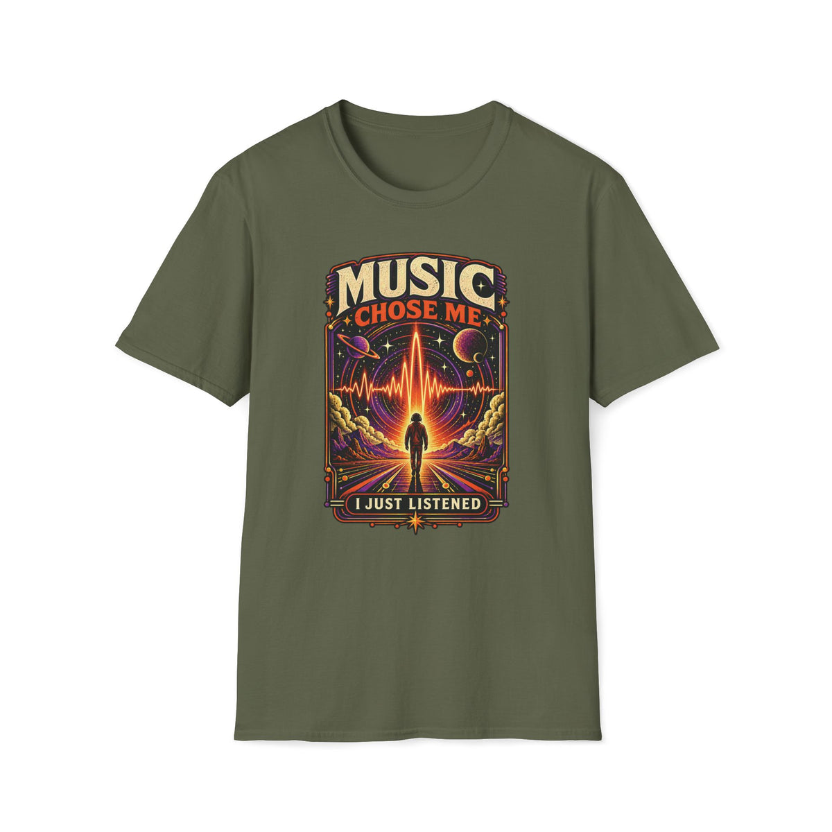 Military green Music Chose Me T-shirt with a figure walking toward a glowing cosmic waveform.