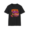 Black Speak in Groove T-shirt with a sunglasses portrait and colorful sound waves.