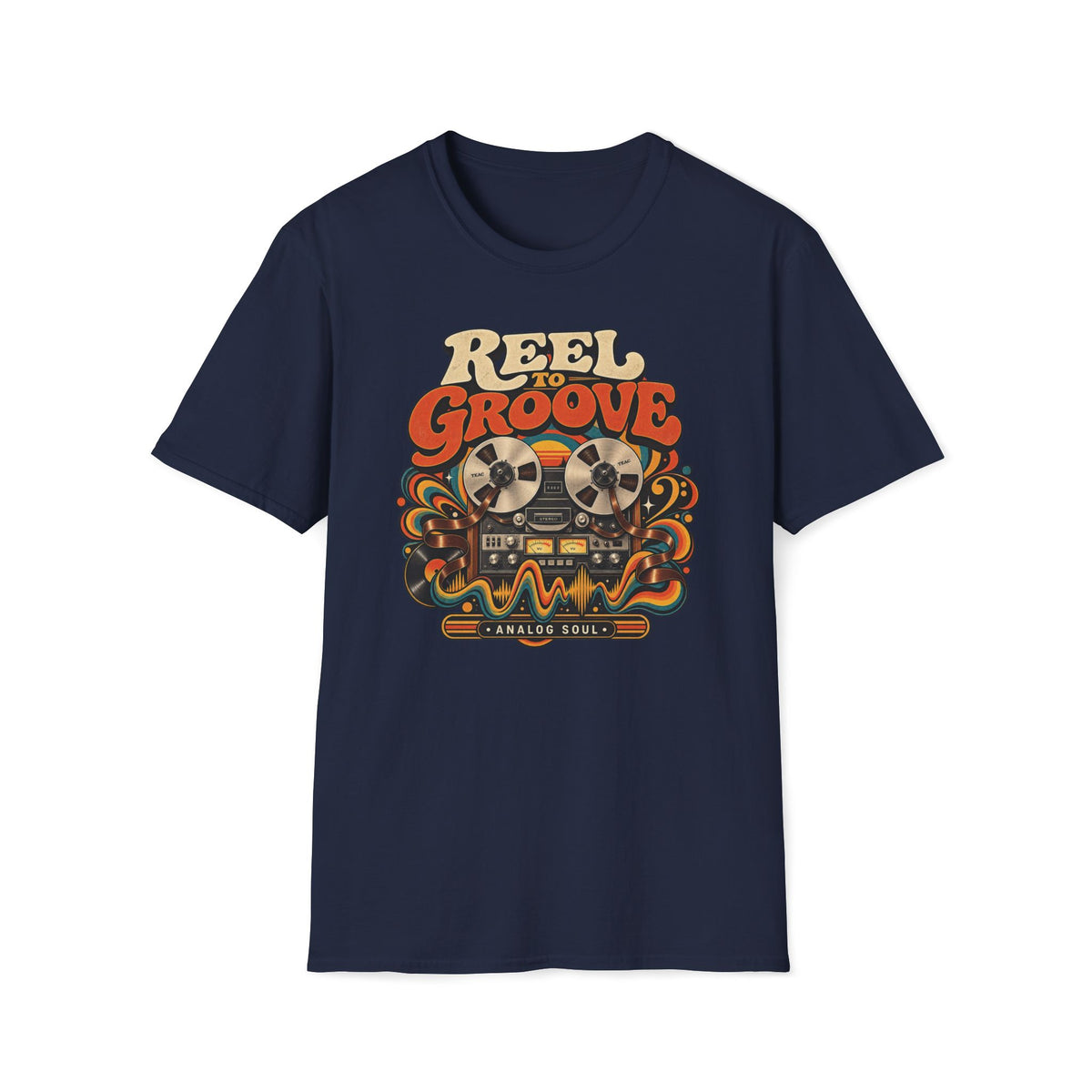 Navy Reel to Groove T-shirt with a reel-to-reel recorder with flowing tape and waves.