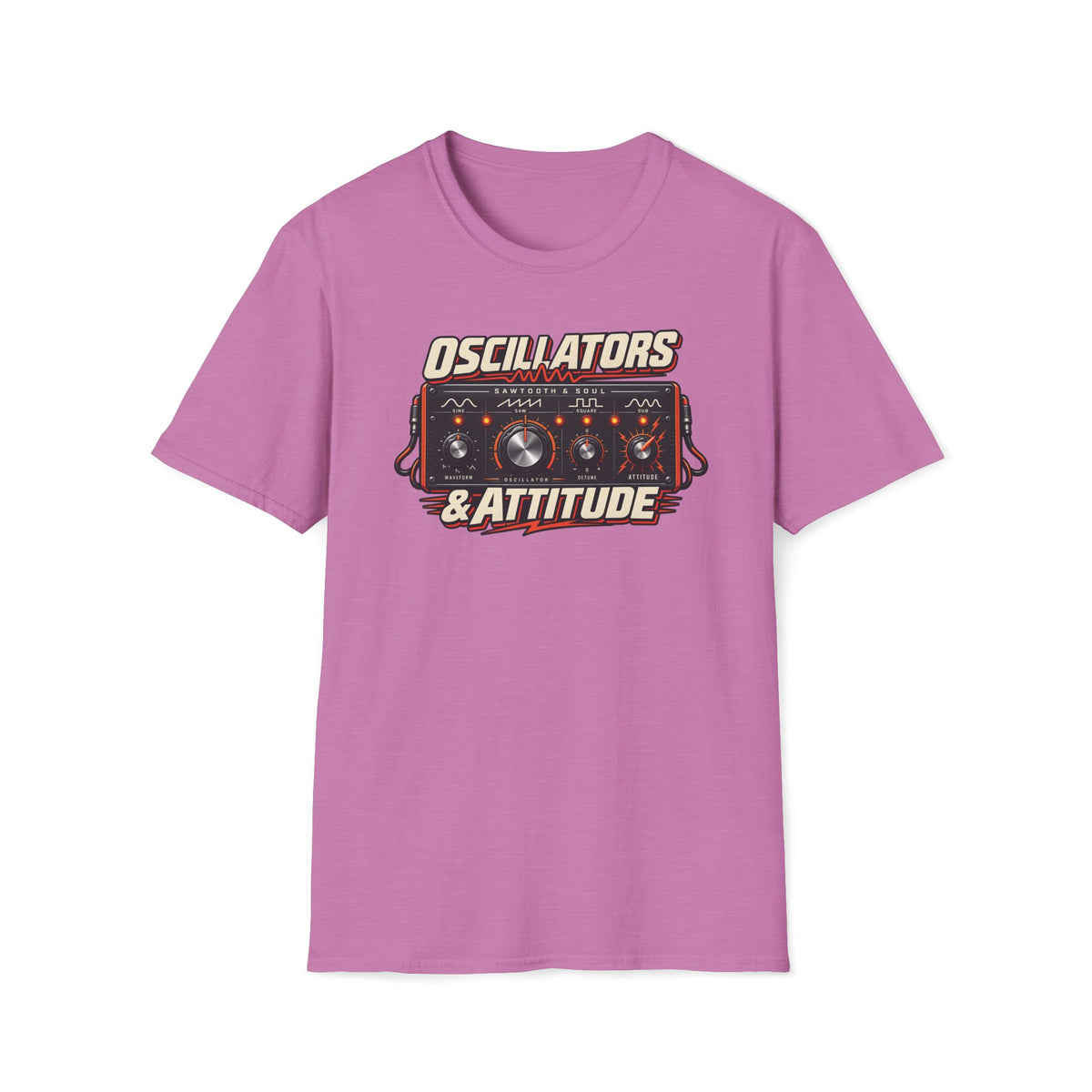 Heather radiant orchid Oscillators and Attitude T-shirt with a vintage synth panel with knobs and orange indicators.