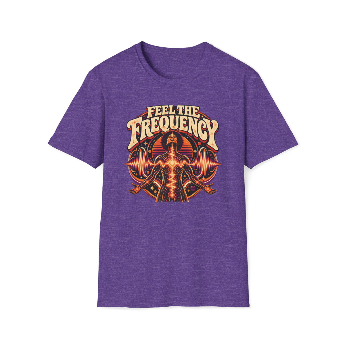 Heather purple Feel the Frequency T-shirt with a human figure within layered waves and frequency rings.
