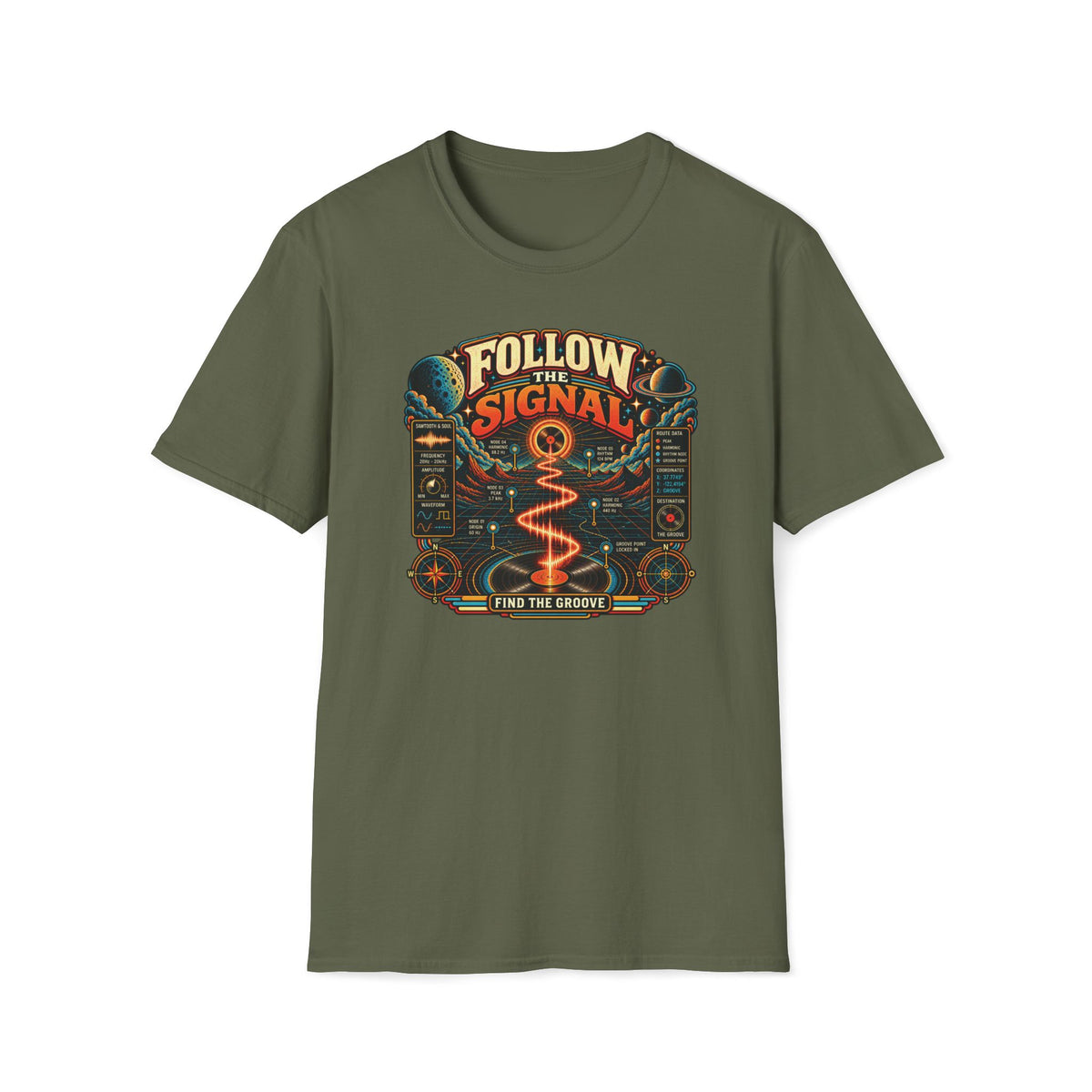 Military green Follow the Signal T-shirt with an orange waveform leading through space toward a record.